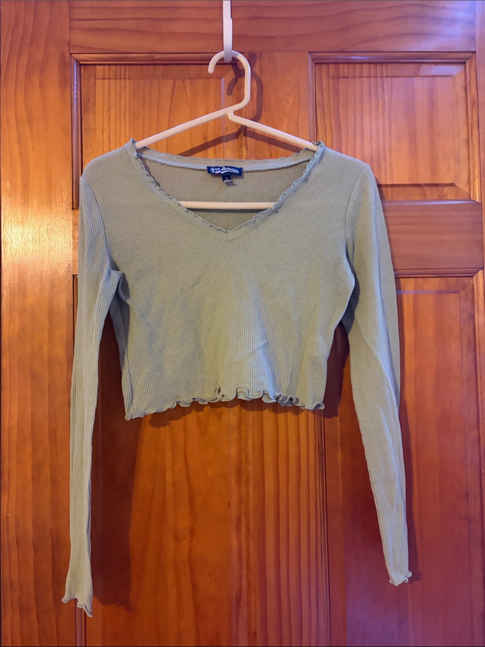 Brandy Melville Light Sage Ribbed V-Neck Lettuce-Hem Crop Top